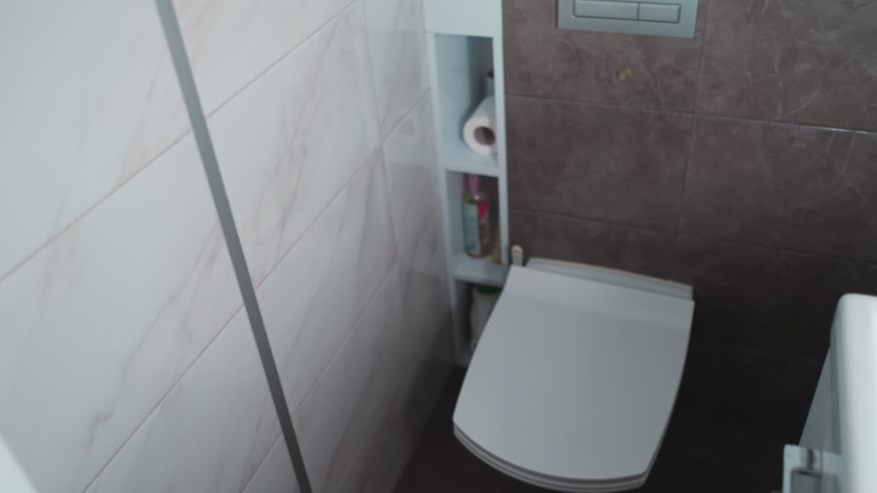 Personal first-person perspective of using a modern toilet, including lifting the lid and utilizing the restroom