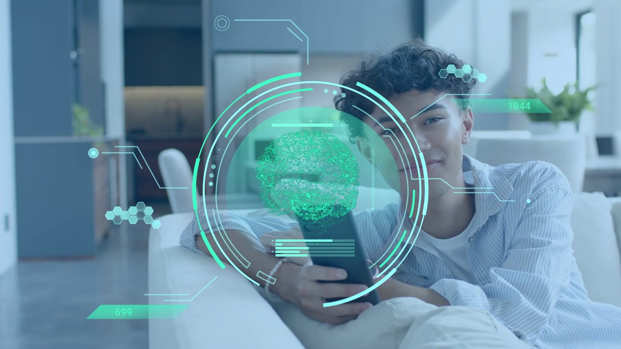 Man reclining on sofa tapping phone, activating AR tech centering over face, exploring 3D form