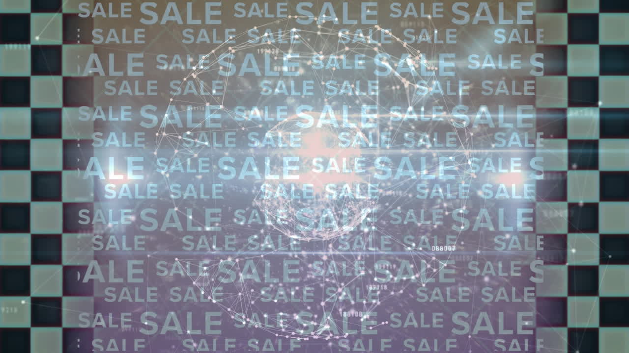 반복되는 판매 텍스트의 애니메이션, 회전하는 글로벌 네트워크와 ights, 체커 경계와 함께