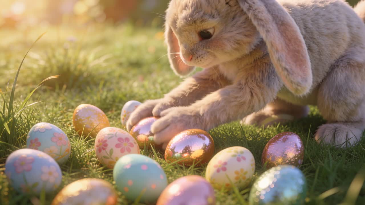 Spotting shiny rose-gold egg, furry rabbit nudging, rolling and arranging eggs on grass, copy space