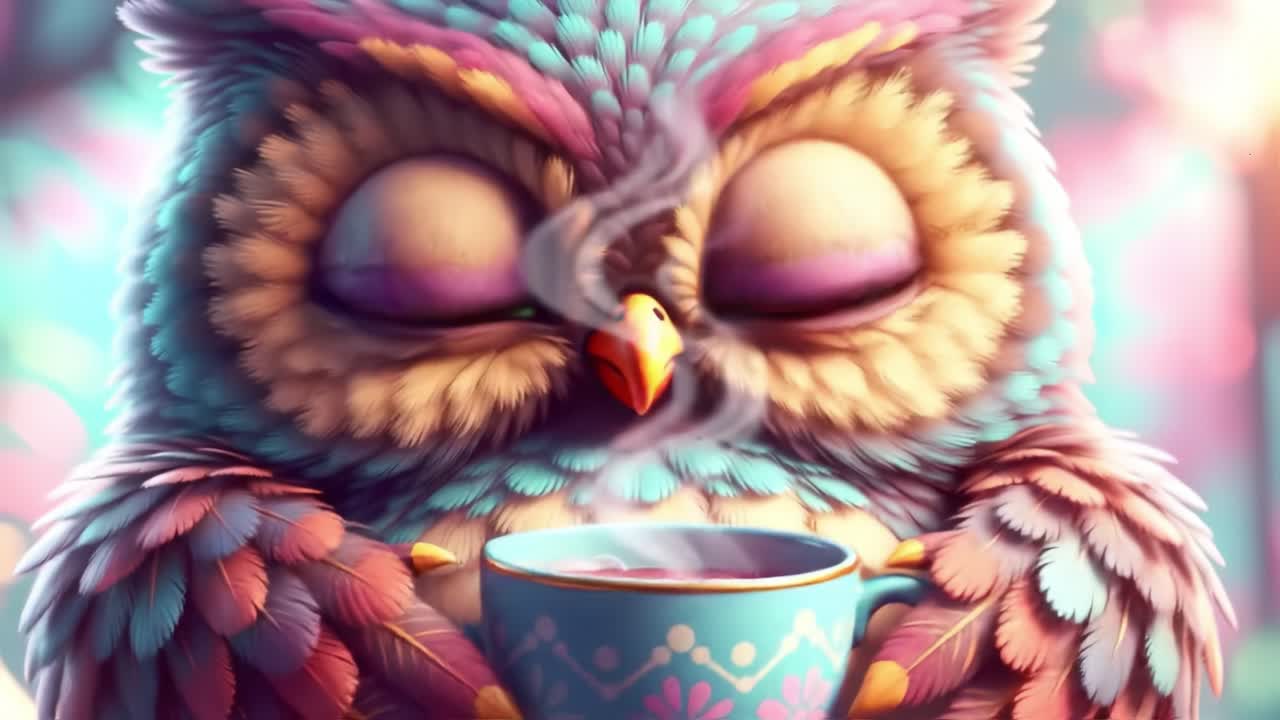 A Cozy Owl Holding a Warm Cup: Charming and Colorful Illustration of an Owl Enjoying a Serene Moment with a Mug of Steaming Drink