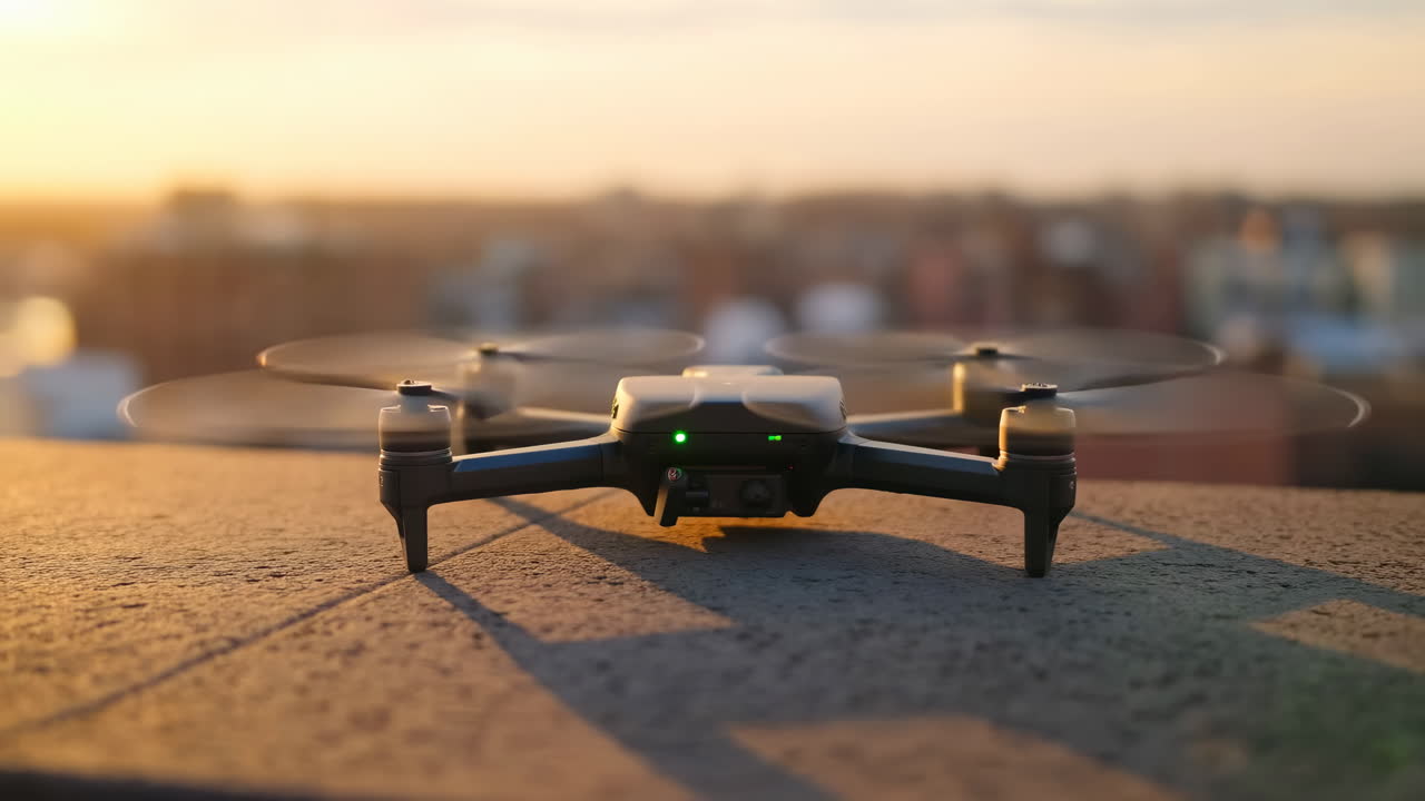 Drone sul tetto al tramonto pronto al decollo, quadricottero appoggiato su una sporgenza di cemento con LED di stato verde, sfocato