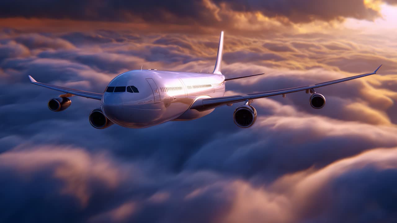 Un maestoso aeromobile che si libra sopra le nuvole al tramonto, catturando la bellezza del trasporto aereo e la meraviglia del cielo in due splendide inquadrature