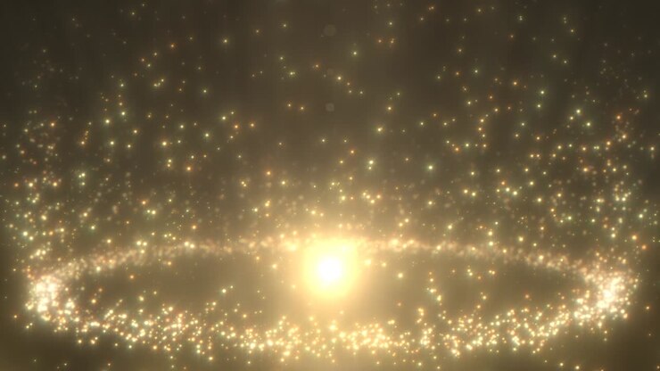 Anello dorato di particelle magiche in ascesa con effetto bokeh e sfera luminosa - Animazione di sfondo in loop continuo 4K