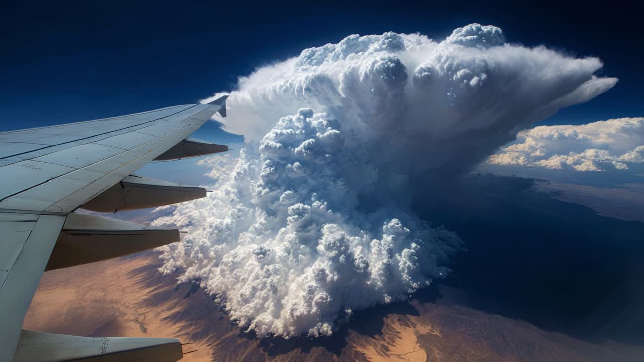 Breathtaking Aerial View of Towering Cumulonimbus Cloud Formations Above a Scenic Landscape Captured from an Airplane Wing, Showcasing Nature's Majesty and Meteorological Wonder