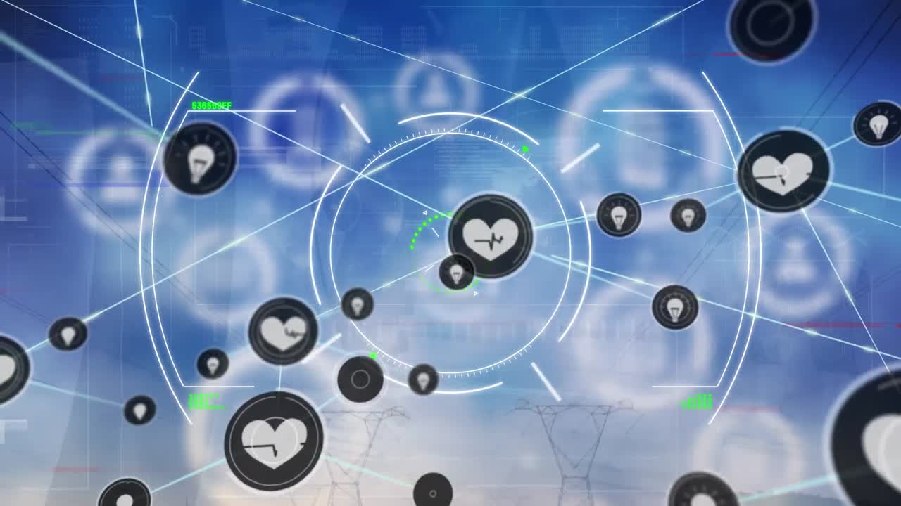 블루 배경에 디지털 아이콘 네트워크를 통해 글리치 효과와 범위 스캔의 애니메이션