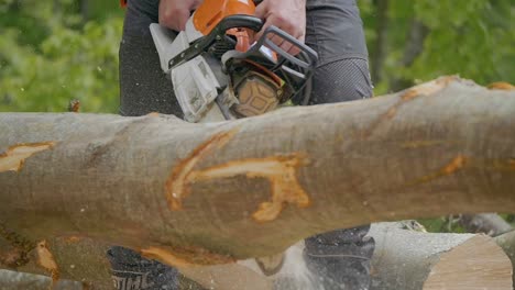 Slow-Motion-Of-Person-Cutting-Tree-Trunk-Using-Electric-Chainsaw-,-Flying-wood-Dust
