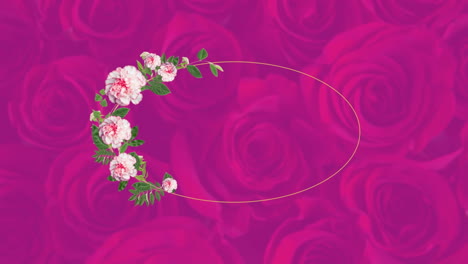 contorno ovalado con flores y follaje sobre rosas rosadas