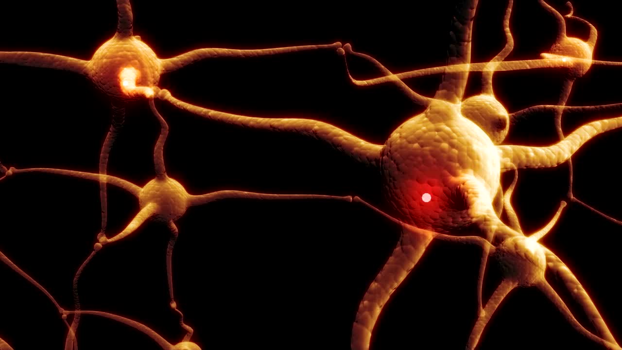 Real Neuron synapse network with red electric impulse activity able to loop