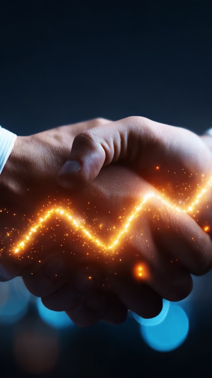 Dynamic Partnership: A Close-Up of Two Hands Engaging in a Firm Handshake Surrounded by Sparkling Energy, Symbolizing Connection and Collaboration