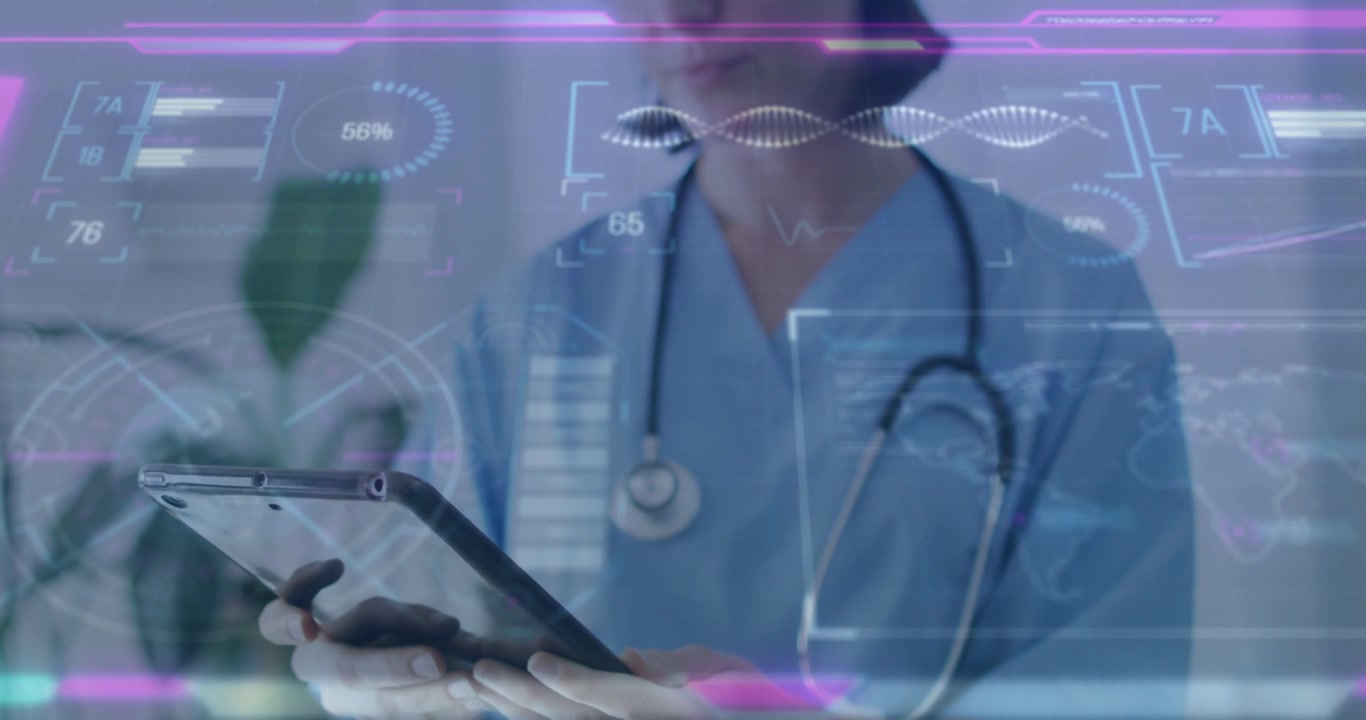 Video vertical: Doctora levantando una tableta, tocando la pantalla, revisando gráficos HUD de realidad aumentada y forma de onda