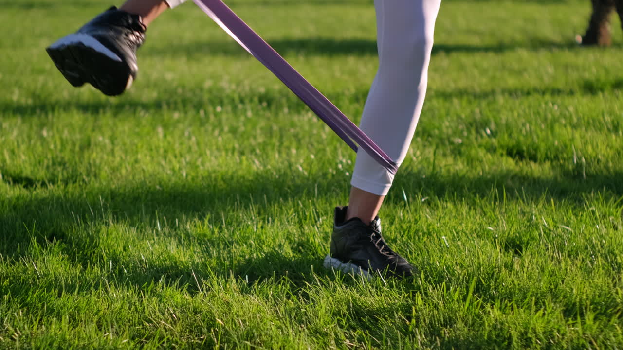 야외에서 저항 밴드로 운동하는 여성