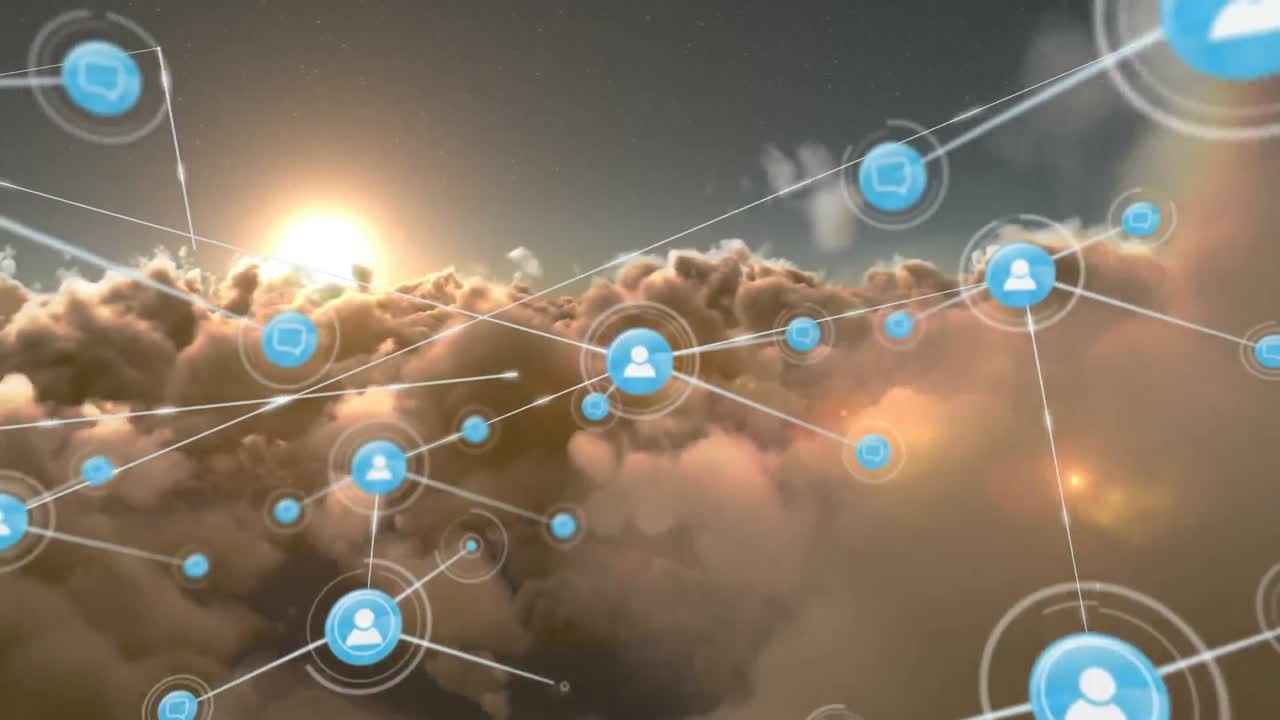 animación de redes de conexiones sobre nubes y cielo