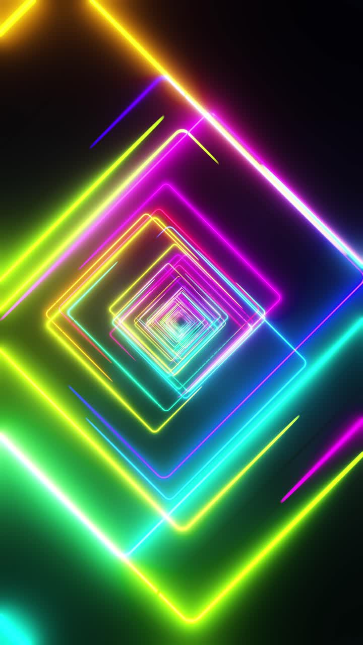 Volando attraverso quadrilateri dipinti con luce multicolore. Video in loop verticale