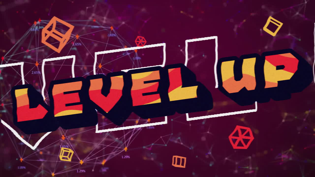Animation of level up text over neon pattern background
