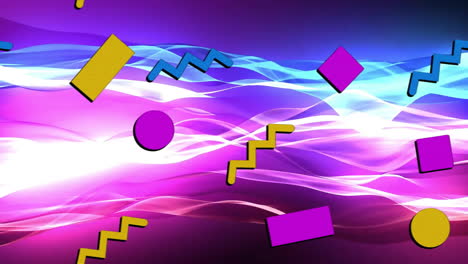 animation of colourful shapes over light trails on purple background