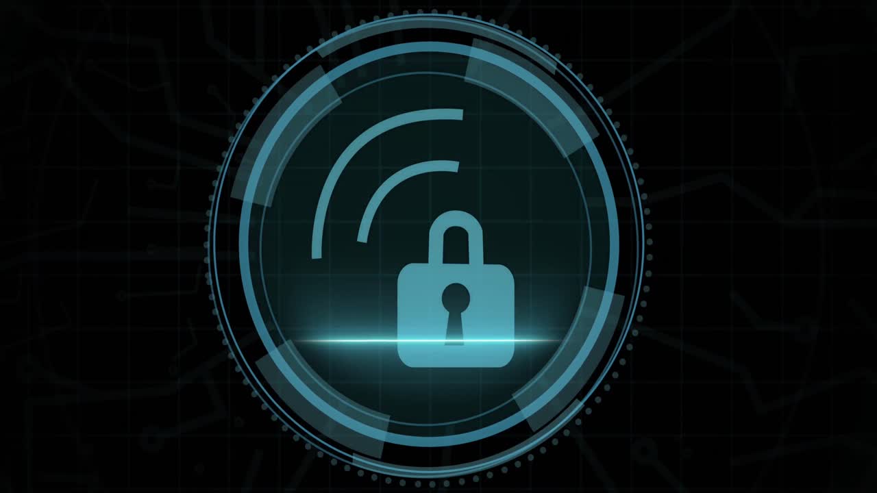 animación del icono digital del candado y procesamiento de datos sobre fondo negro