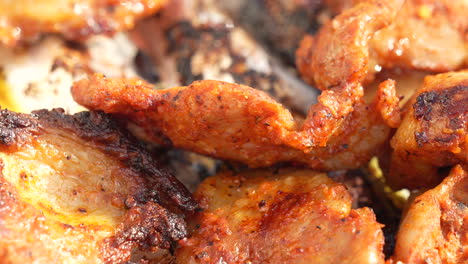 close-up chicken meat with skin roasted on grill rack, cooking outdoors daytime