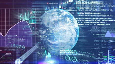 animation of financial data processing over globe on dark background