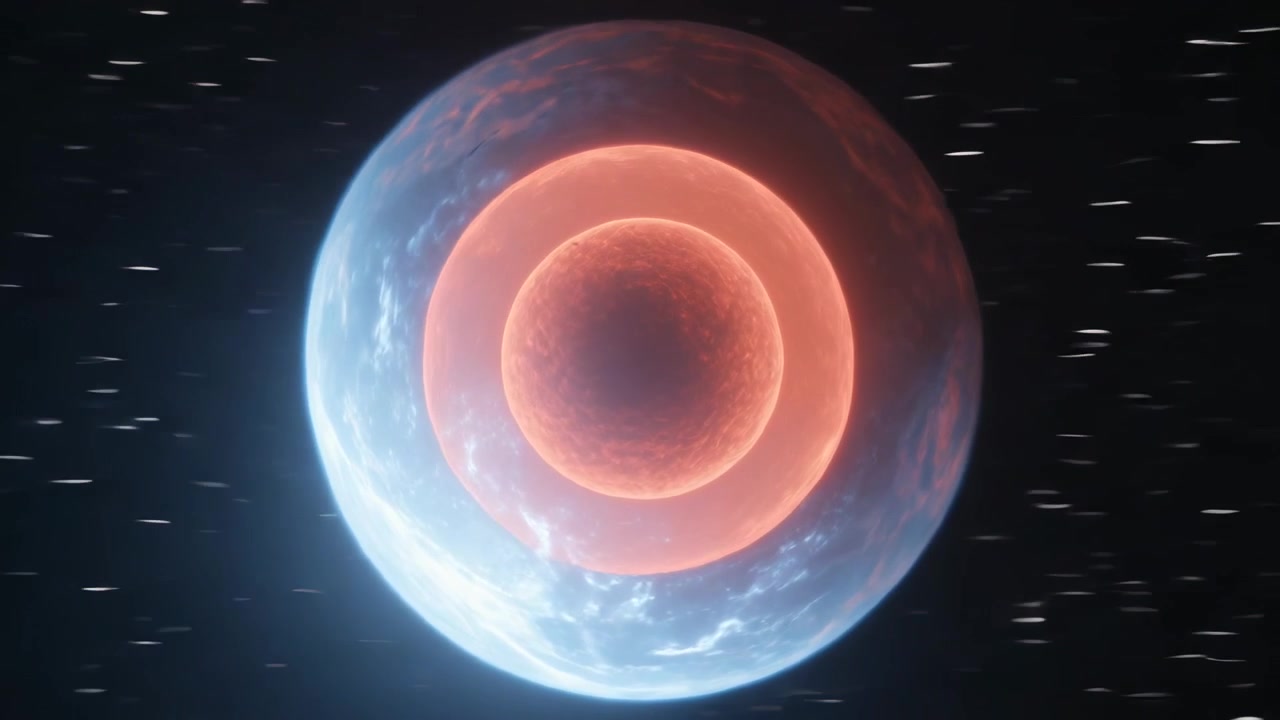 Shifting lighting starting Earth-like planet rotating in starfield, showing three rings and core
