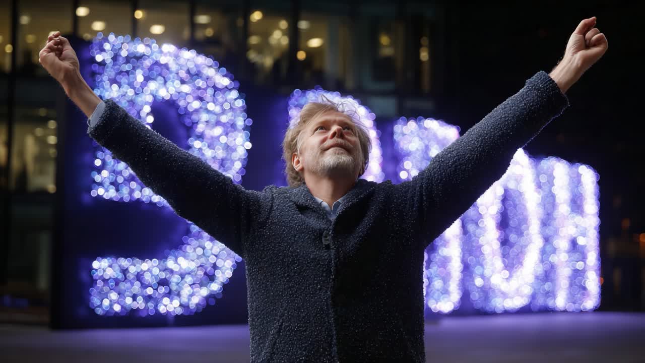 A Joyful Celebration Under Sparkling Lights: A Man Expresses Happiness with Open Arms Amidst a Dazzling Display of Illuminated Letters