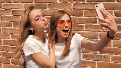 two happy young women taking a selfie outdoors