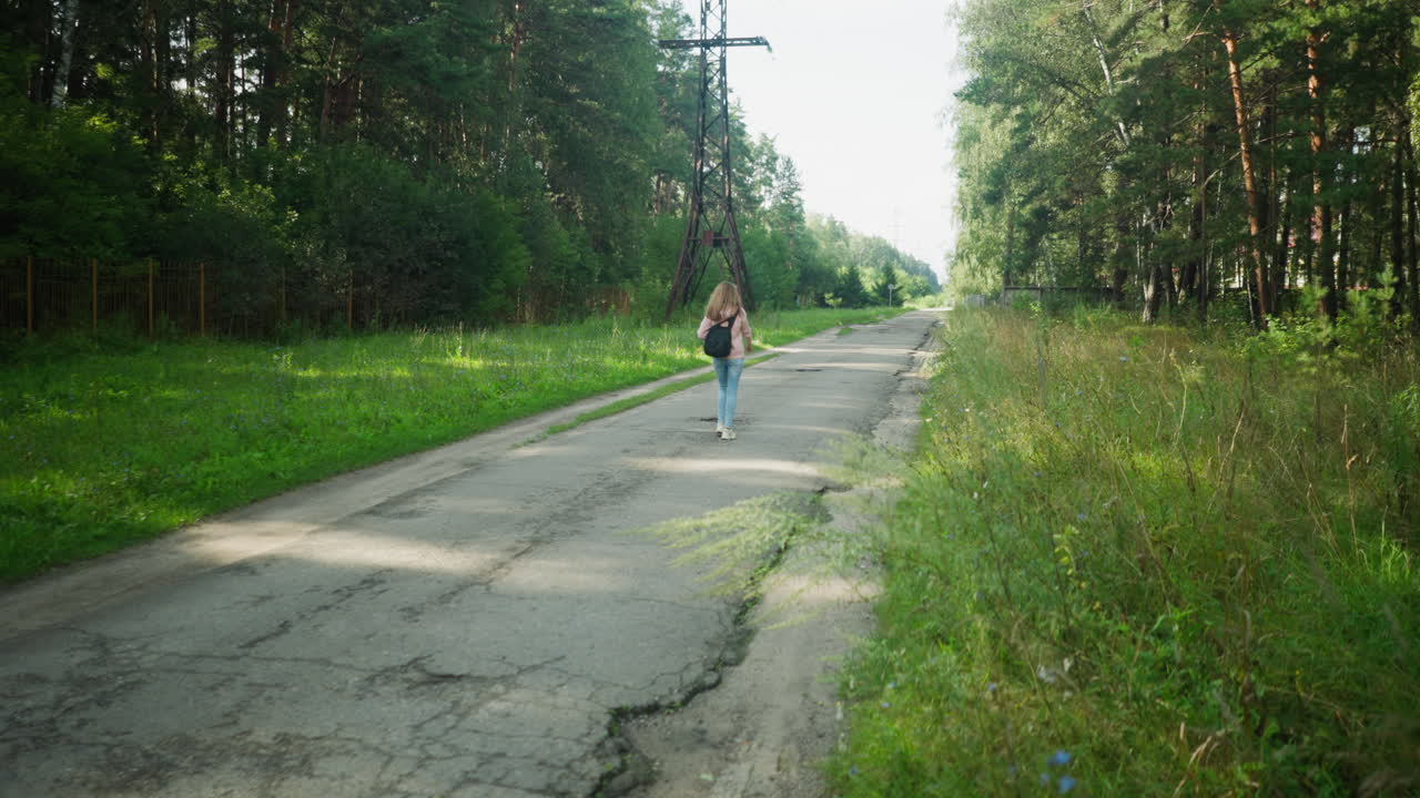 Rear view of lady walking alone beside cracked tarred road bordered by lush green forest and tall electric power poles on sunny day, evoking calm, distance, and thoughtful movement in nature
