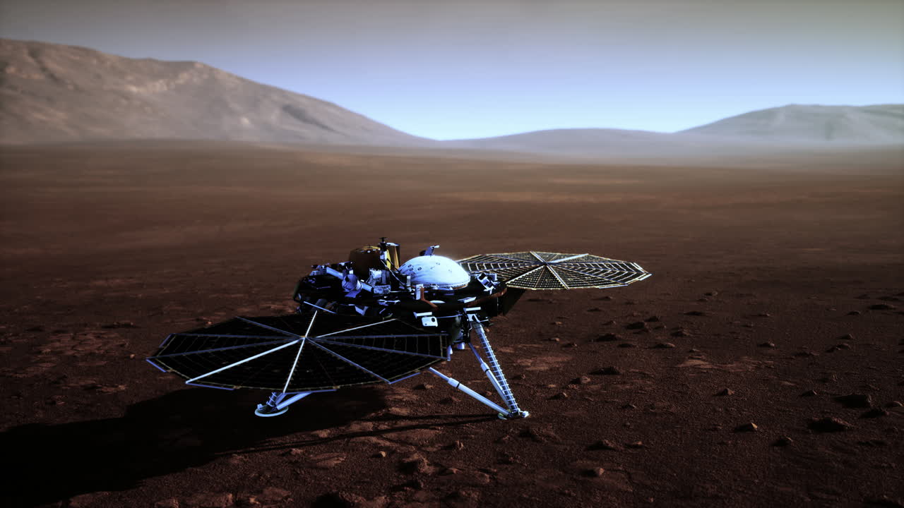 InSight Mars tutkimassa punaisen planeetan pintaa. Elementit toimittanut NASA.