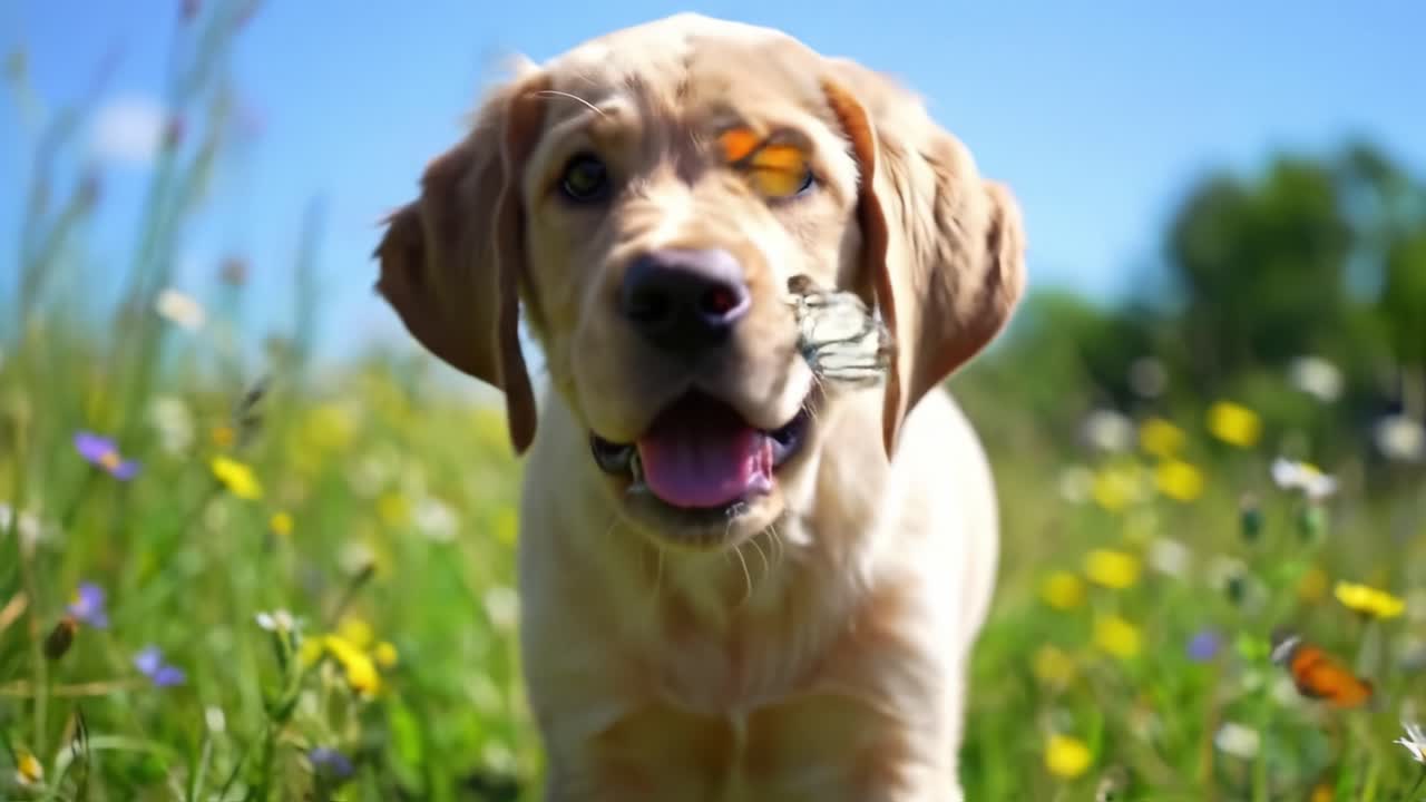 A Playful Puppy Chasing Butterflies in a Vibrant Field of Wildflowers Under a Clear Blue Sky