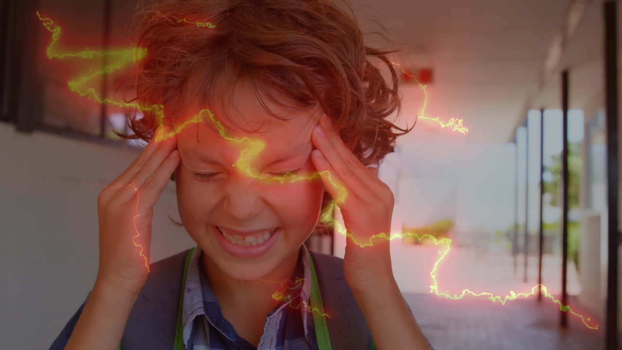 두통이 있는 백인 소년 위에 번개의 애니메이션