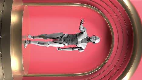 prototipo de robot en una vitrina para tecnologías futuras, renderización vertical en 3d con fondo rosa