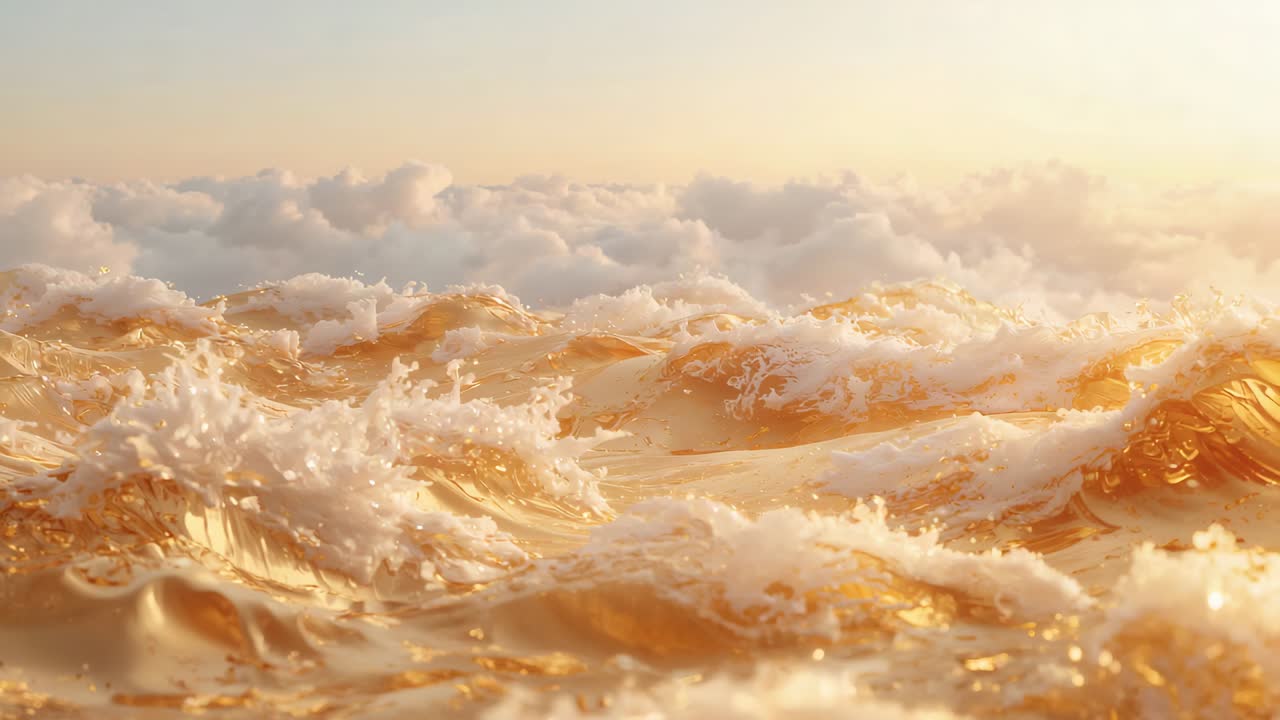 Rising golden ocean waves driven by swell, cresting and breaking at sea, sunlight glinting on foam