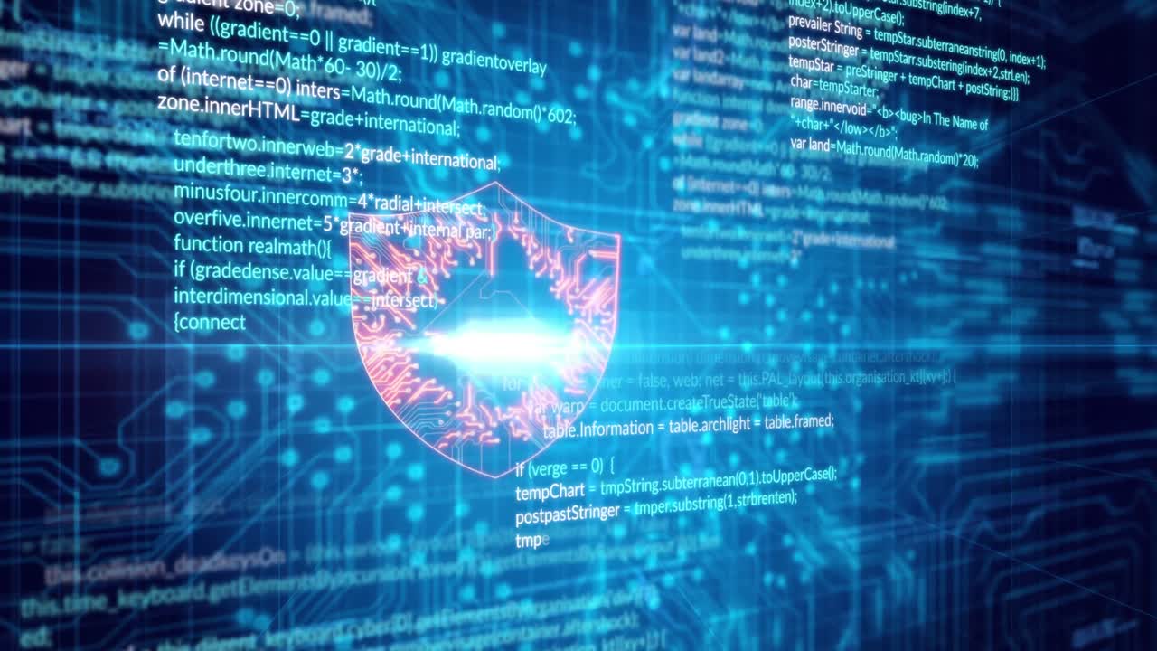 파란색 바탕에 데이터, 디지털 드 및 통합 회로의 애니메이션