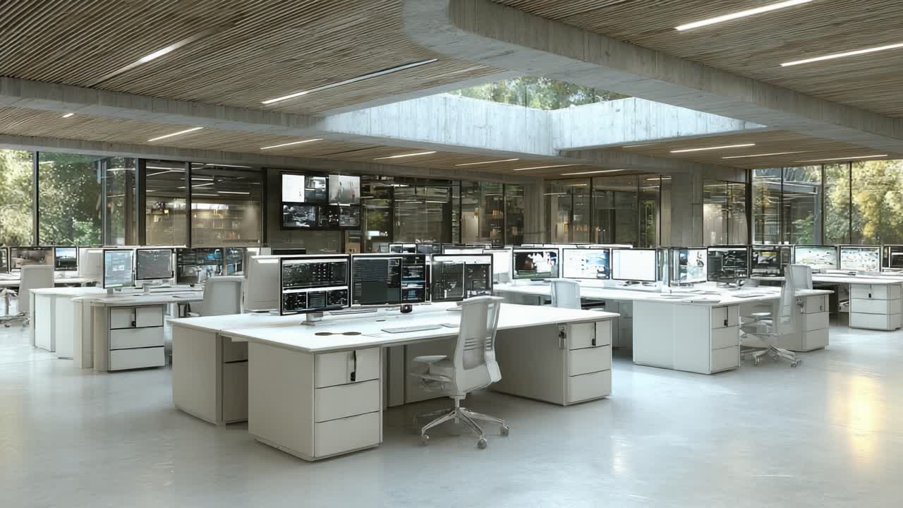 Modern Office Environment with Collaborative Workstations and Advanced Technology in a Spacious, Well-Lit Space Featuring Large Windows Providing Natural Light