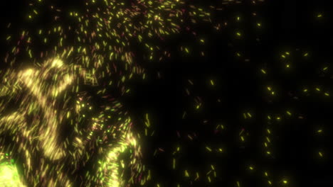 abstract caótico mágico brillante verde y naranja sistema de partículas de fluido con vibrantes colores brillantes - simulación cgi 4k