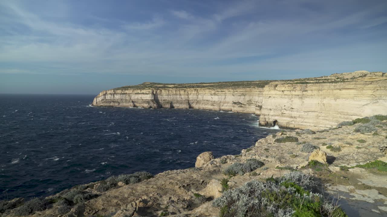 Greenery Growing on Cliffs near Mediterranean Sea in Island of Gozo in Malta in Winter