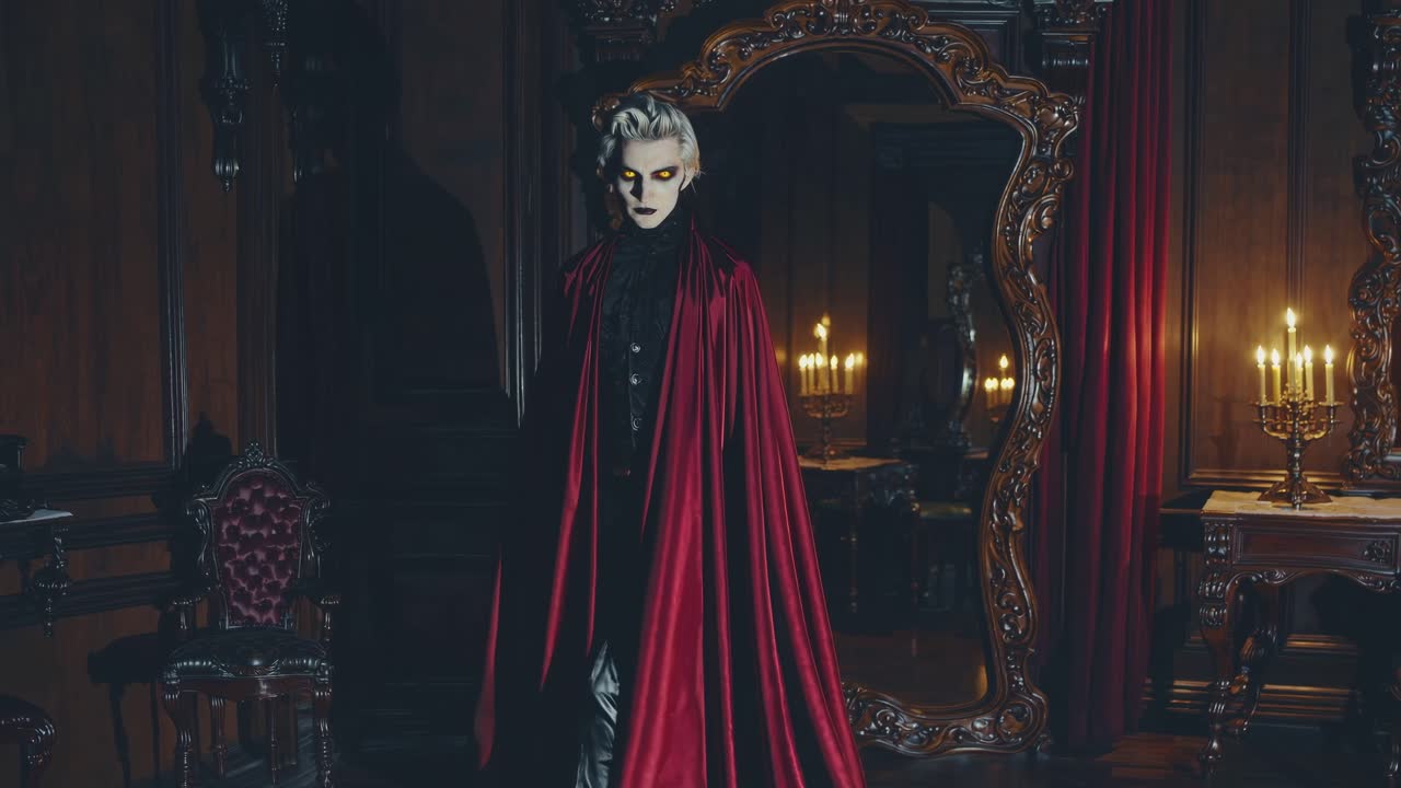 Una scena video gotica con un vampiro che indossa un mantello rosso, in piedi di fronte a uno specchio