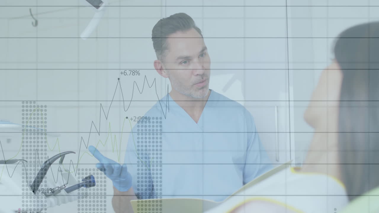 Male dentist reviewing patient chart in dental clinic, showing animated handpiece and tooth icons