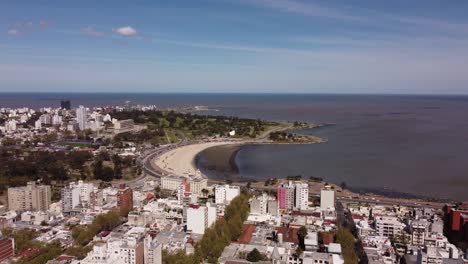 Beautiful-aerial-view-of-the-coastal-area-and-bay-of-Montevideo,-capital-of-Uruguay