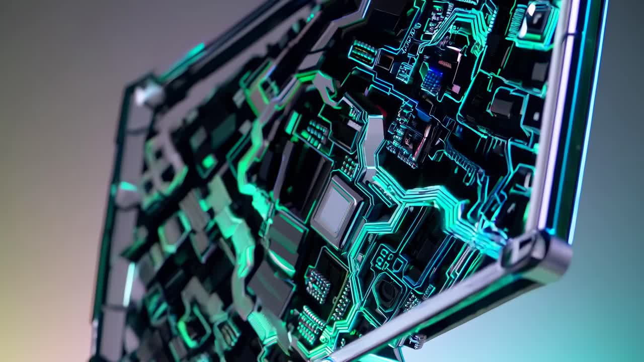 Futuristisk printpladedesign med neongrønne linjer, set fra en lav engel