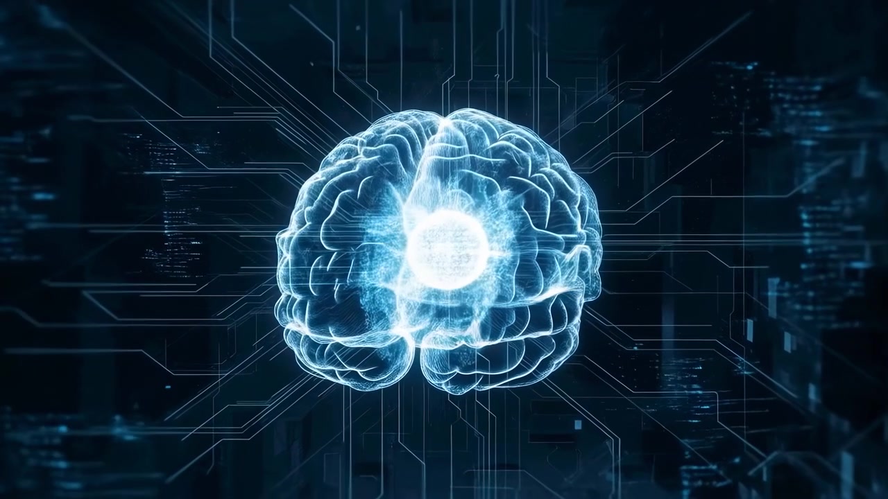 Glowing Digital Brain Hologram In Grid Neon Blue Cortex Pulsing With Central Core, Circuitry Lines Connecting