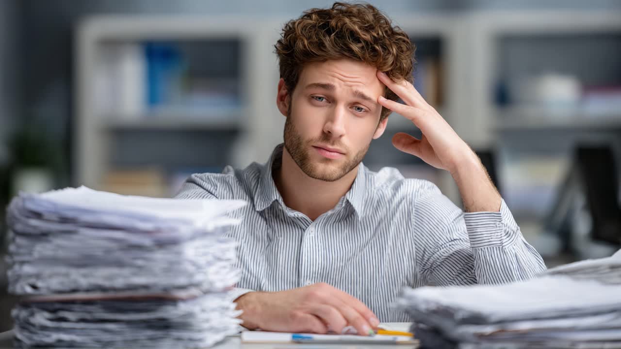 A young man looking overwhelmed and exhausted at a cluttered desk filled with stacks of paperwork, showcasing the stress and pressure of work and deadlines
