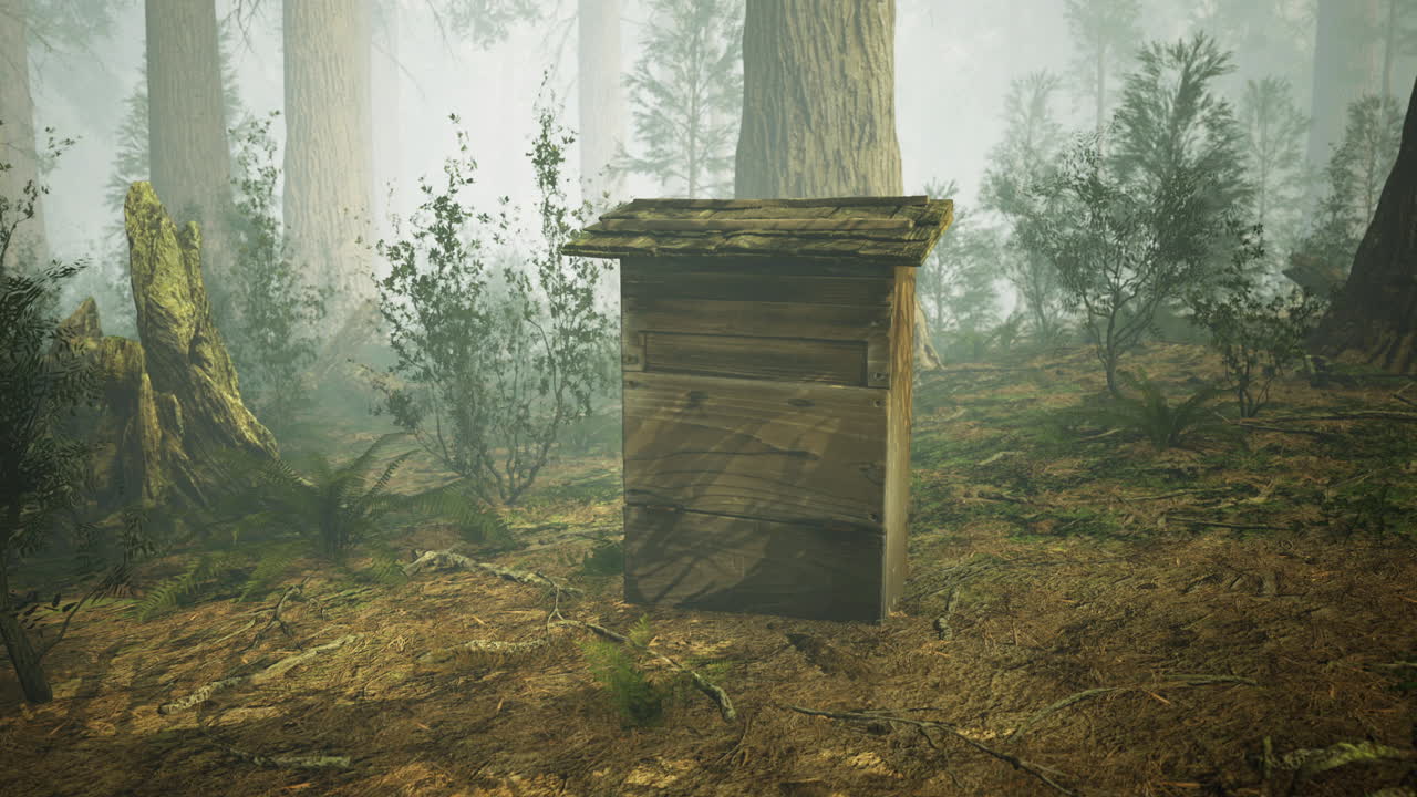 Wooden hive situated in a misty forest surrounded by tall trees in the morning