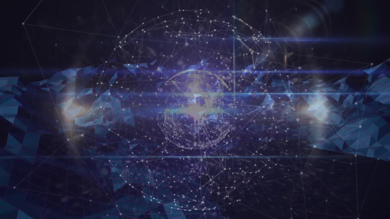 Digital wireframe network globe hovering above low poly surface emitting horizontal light streaks