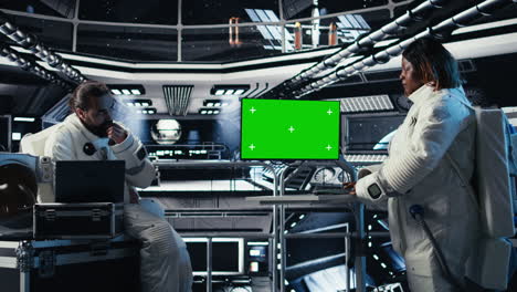 astronauts checking human expansion in space mission logs on mockup monitor