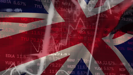 animation of statistical data processing over waving uk flag against world map