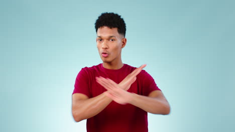 face, stop and man with arms crossed in protest