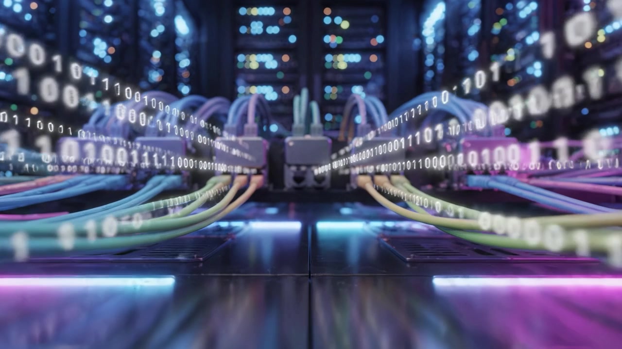 A Detailed View of Network Cables Connecting to Data Servers in a High-Tech Server Room Filled with Glowing LED Lights and Complex Wiring Patterns