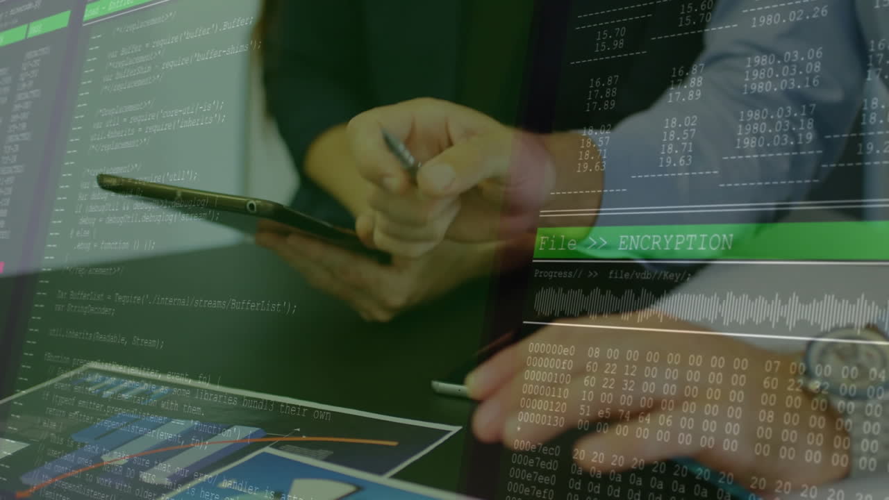 Hands working on tablet with encryption and coding data overlay animation