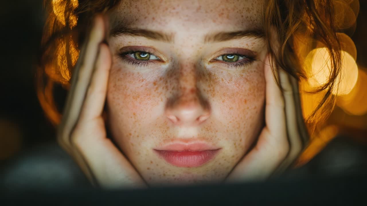 A close-up of a young woman's expressive face, captured in two frames displaying intensity and contemplation, with a soft, glowing background enhancing her features